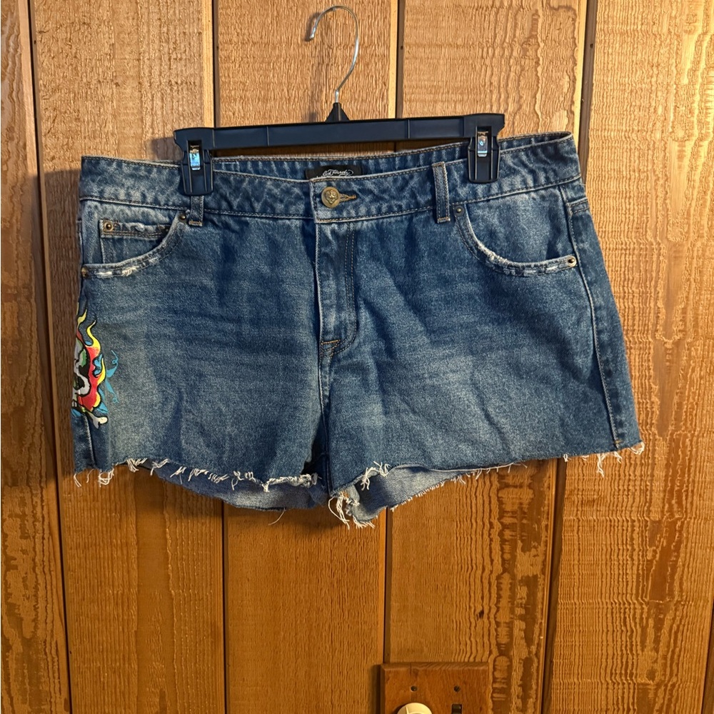 Ed Hardy Blue Denim Cutoff Shorts with Flame Skull size 30